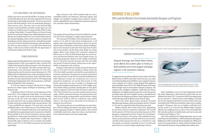 Two pages from Schiffer Publishing, Ltd.'s "The Women of General Motors" feature text about GM trailblazer Bonnie Eva Lemm; the right page displays two futuristic car sketches with Bonnie’s name in bold yellow.