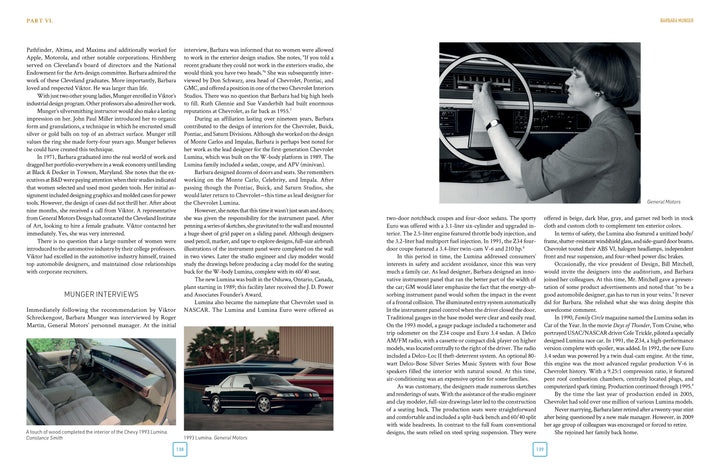 A two-page magazine spread on “The Women of General Motors” by Schiffer Publishing, Ltd. features text about Chevrolet’s history and women in car design, plus images of a woman at a dashboard, a steering wheel close-up, and a 1995 Impala SS.