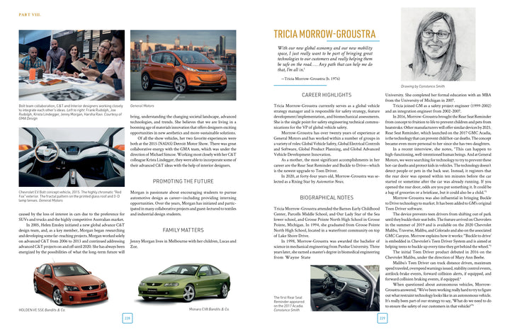 A two-page spread from Schiffer Publishing’s "The Women of General Motors" shows articles on car design, small images of red and green cars, a car interior, and Tricia Morrow-Groustra’s portrait alongside her biography and achievements.