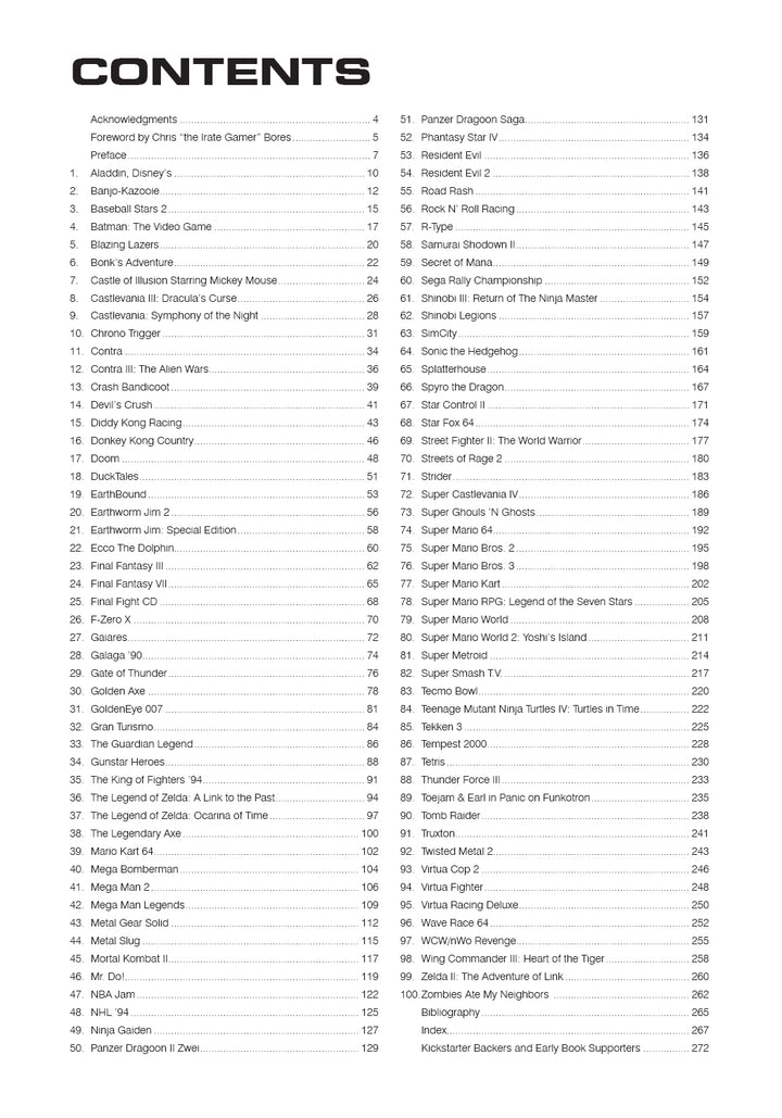 The 100 Greatest Console Video Games by Schiffer Publishing, Ltd. features a table of contents page listing 88 chapters and sections with page numbers, all in black text on white, covering top games, features, interviews, and acknowledgments.
