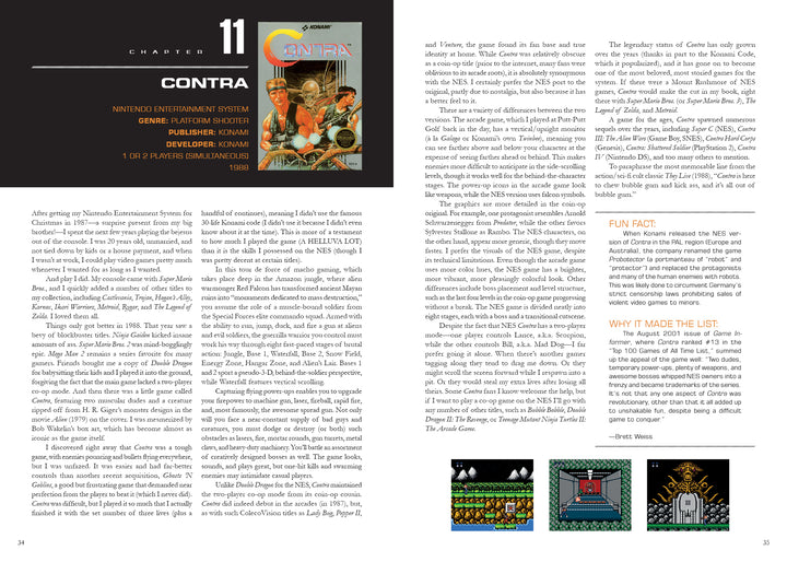A two-page spread on the NES game Contra in Schiffer Publishing, Ltd.'s "The 100 Greatest Console Video Games," with text, screenshots, box art, and sidebars like “Fun Fact”—a must-have for retro gaming fans.