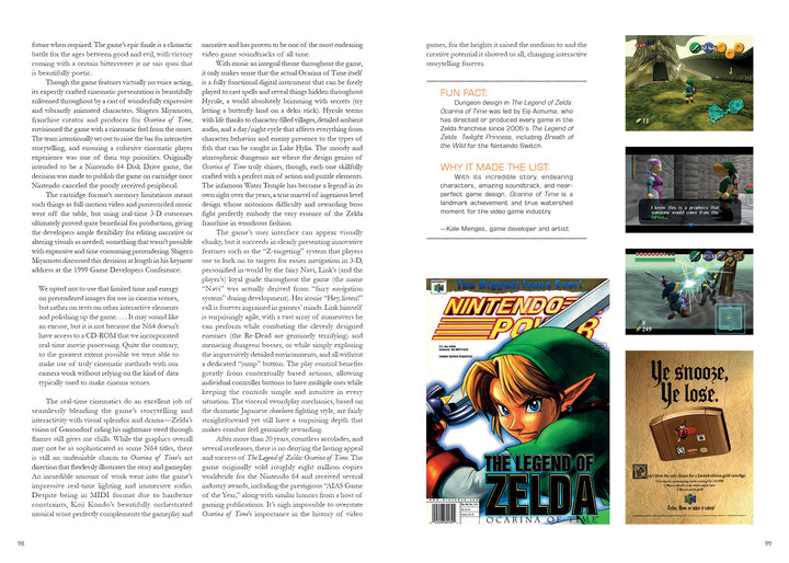 A two-page spread in Schiffer Publishing, Ltd.'s The 100 Greatest Console Video Games spotlights The Legend of Zelda: Ocarina of Time, with a cover image, text, screenshots, fun facts, and nostalgic gaming photos from 1988–1998.