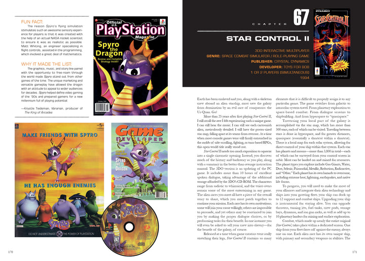 A spread from "The 100 Greatest Console Video Games" by Schiffer Publishing, Ltd. features Spyro the Dragon and Star Control II with game covers, CD art, reviews, and background info from the 1988–1998 era.