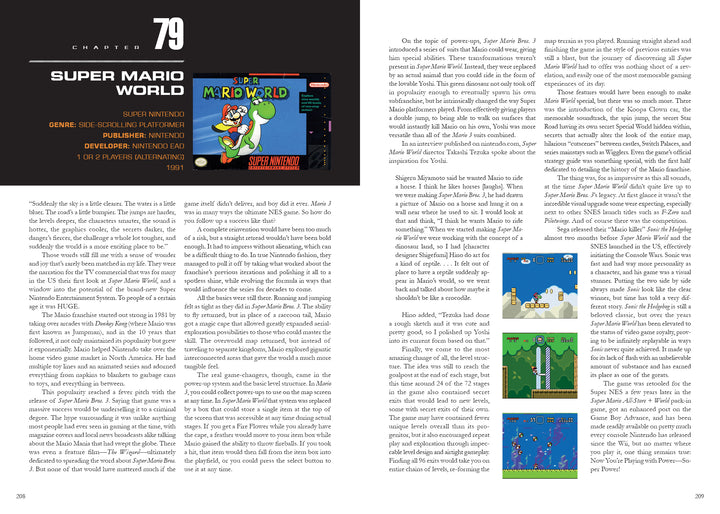 A two-page spread from Schiffer Publishing, Ltd.'s "The 100 Greatest Console Video Games" features a Super Mario World screenshot with game info on the left and four iconic scenes on the right, celebrating the 1988–1998 gaming era.