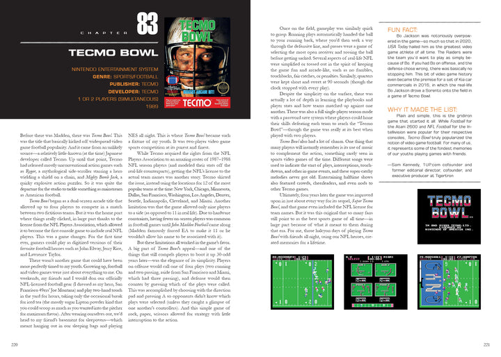 A magazine spread on the NES game Tecmo Bowl highlights its cover art, gameplay, and trivia, plus why Schiffer Publishing's "The 100 Greatest Console Video Games" features it as a top title in 1988–1998 retro gaming history.
