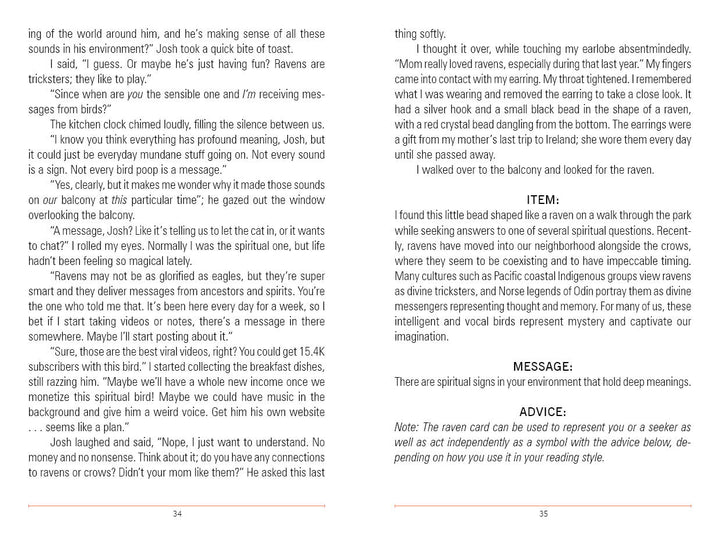 Two pages from "Between the Worlds" by Schiffer Publishing, Ltd.: the left shares insights on ravens and daily life; the right presents a ceramic raven ITEM with a message and advice inspired by divination cards and oracle decks.