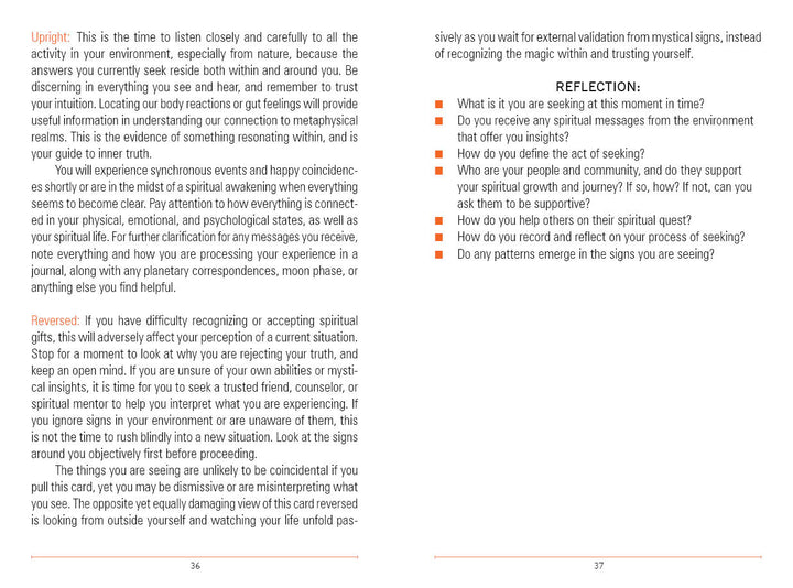 A two-column page from Between the Worlds by Schiffer Publishing, Ltd. features red Upright and orange Reversed sections, with reflection questions for divination or oracle card users listed on the right against a white background.