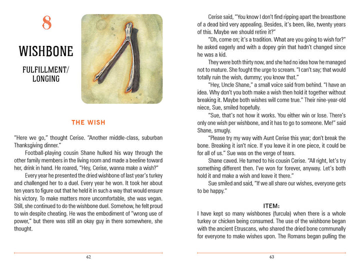 An open book from "Between the Worlds" by Schiffer Publishing, Ltd. shows a chapter called Wishbone: Fulfillment/Longing, with a bold orange wishbone image—ideal inspiration for fans of oracle decks or divination cards.