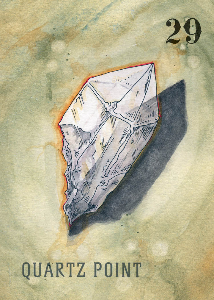 A watercolor illustration from "Between the Worlds" by Schiffer Publishing, Ltd.: a clear quartz crystal with angular facets casts a shadow. Styled like an oracle card, it features number 29 and QUARTZ POINT on a yellow-green background.