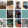 Create Naturally by Schiffer Publishing, Ltd. features a 15-image collage of nature-inspired art, jewelry, and textiles with organic shapes, earthy tones, and materials like shells, stones, fibers, bark; two squares show a blue-green leaf graphic.