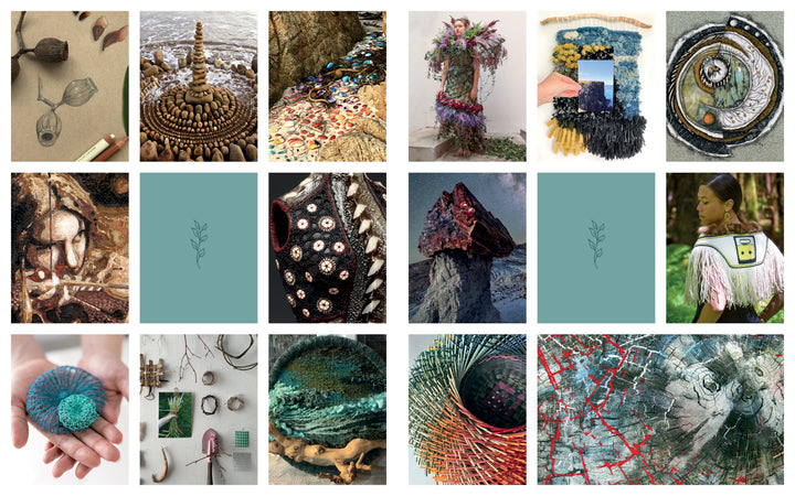 Create Naturally by Schiffer Publishing, Ltd. features a 15-image collage of nature-inspired art, jewelry, and textiles with organic shapes, earthy tones, and materials like shells, stones, fibers, bark; two squares show a blue-green leaf graphic.