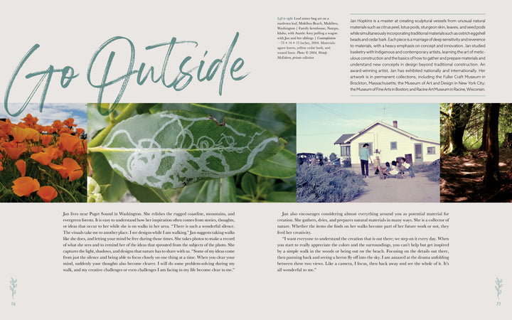 Create Naturally by Schiffer Publishing, Ltd. features a spread with orange poppies, an insect-tracked leaf, and a vintage house photo. Columns discuss how nature fuels creativity and inspire artistic expression.