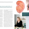 A magazine spread for Create Naturally by Schiffer Publishing, Ltd. features embroidered marine art, an artist at work, shell illustrations, and a Marie Curie quote on spirals—all in airy pastels that evoke nature-inspired creativity.