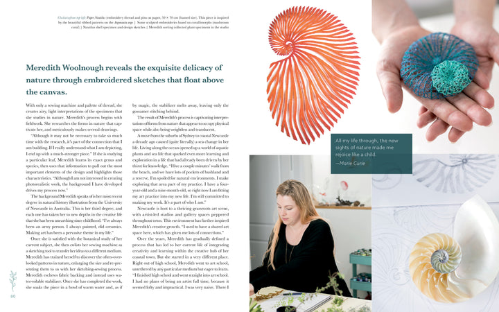 A magazine spread for Create Naturally by Schiffer Publishing, Ltd. features embroidered marine art, an artist at work, shell illustrations, and a Marie Curie quote on spirals—all in airy pastels that evoke nature-inspired creativity.