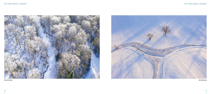 Left: Snow-covered forest with frosted treetops. Right: Vermont’s snowy field and tree shadows highlight Caleb Kenna’s artistry in Art from Above by Schiffer Publishing, Ltd.
