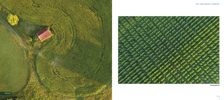 Art from Above by Schiffer Publishing, Ltd. features aerial Vermont images with a red-roofed house amid green fields, capturing striking geometric patterns in drone photography.