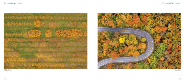 Left: Vibrant aerial views of autumn trees. Right: A winding road through colorful forest. Both are featured in "Art from Above" by Schiffer Publishing, Ltd., showcasing stunning landscapes captured from above.
