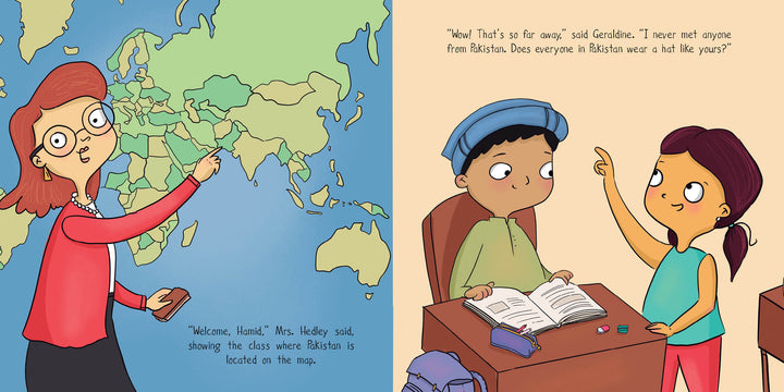A teacher points to Pakistan on a world map. At their desks, a boy in a cap and a girl—perhaps inspired by "Geraldine and the Rainbow Machine" from Schiffer Publishing—brainstorm creative ideas, surrounded by books, a backpack, and lively conversation.