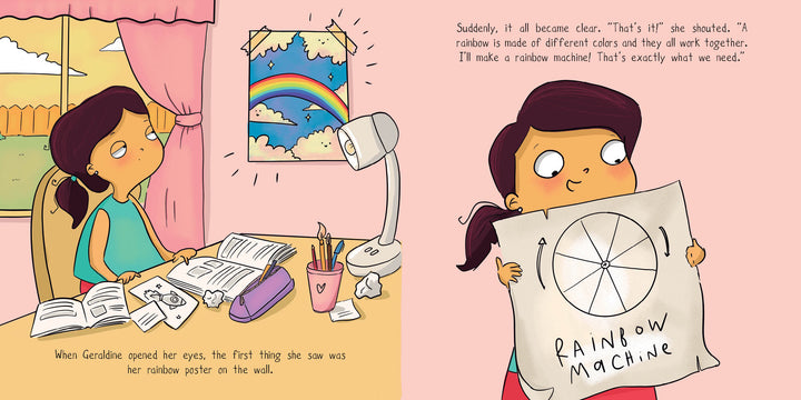 In the next scene of Geraldine and the Rainbow Machine by Schiffer Publishing, Ltd., Geraldine excitedly displays her invention for kids: a drawing labeled Rainbow Machine with a colorful rainbow wheel diagram.
