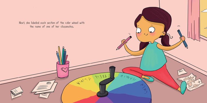 A young inventor sits on the floor with colored pencils, labeling a colorful spinner for "Geraldine and the Rainbow Machine" by Schiffer Publishing, Ltd. Papers and mail surround her, a pencil cup is nearby, and wall instructions guide her process.