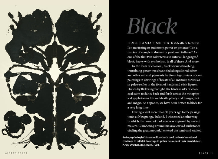 Deep Color" by Schiffer Publishing, Ltd. features a black inkblot resembling a mirrored butterfly or mask on white. Text at right explores the cultural meaning of color, referencing Rorschach tests, death, power, and fascination with darkness.