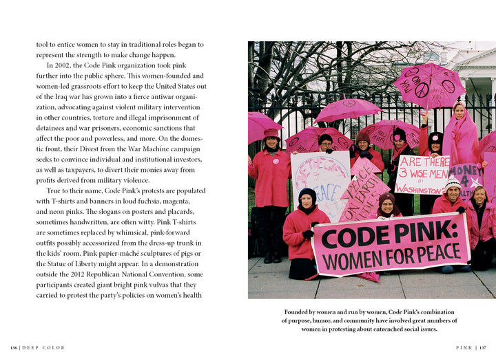 A group of women in pink—emphasizing the cultural meaning of color—hold signs at an outdoor rally, including one reading CODE PINK: WOMEN FOR PEACE. Some wear pink hats, echoing ideas from Deep Color by Schiffer Publishing, Ltd.