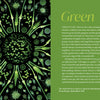 Deep Color by Schiffer Publishing, Ltd. features a vibrant digital artwork of swirling green shapes evoking plant cells and microscopic life, paired with text exploring green's cultural significance and vital role in nature's history.