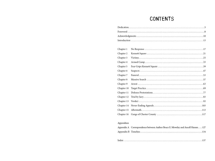 The table of contents for Schiffer Publishing, Ltd.'s *Small-Town Cops in the Crosshairs* lists chapters on the Jury, Target Practice, the Johnston gang, Kennett Square police murders, Farewell, appendices, index, and figures like Ancell Hamm with page numbers.