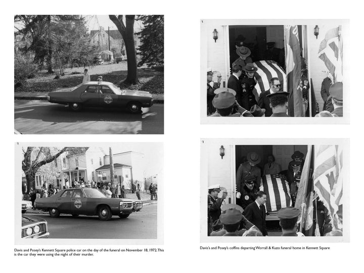 A collage of black-and-white photos from "Small-Town Cops in the Crosshairs" by Schiffer Publishing, Ltd. depicts a police car, mourners, and flag-draped coffins—a tribute to the Kennett Square police murders by the Johnston gang.