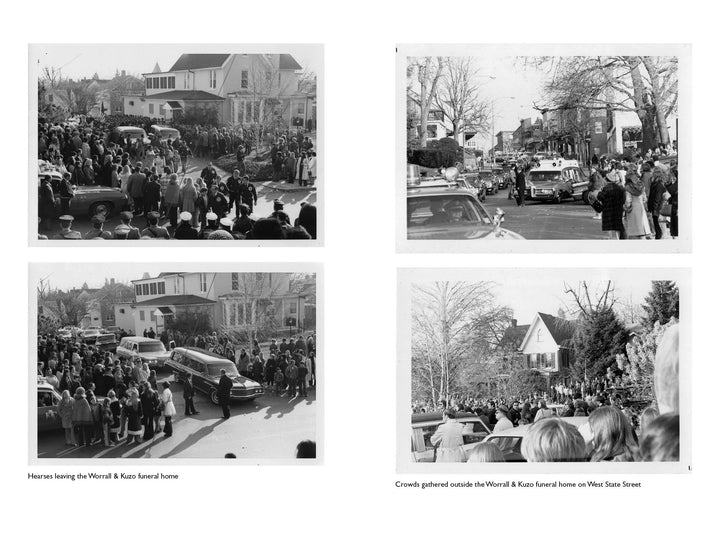 Four black-and-white photos in Small-Town Cops in the Crosshairs (Schiffer Publishing, Ltd.) show crowds lining the streets as hearses and police cars pass by during a funeral procession linked to the Johnston gang and Kennett Square police murders.