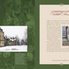 A snowy stone castle with arched windows and a turret towers in a wintry scene, evoking vintage Christmas magic—featured in "Christmas at America's Landmark Houses, 2nd Edition" from Schiffer Publishing, Ltd., with an inset of a person entering its ornate doorway.