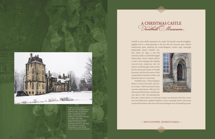 A snowy stone castle with arched windows and a turret towers in a wintry scene, evoking vintage Christmas magic—featured in "Christmas at America's Landmark Houses, 2nd Edition" from Schiffer Publishing, Ltd., with an inset of a person entering its ornate doorway.