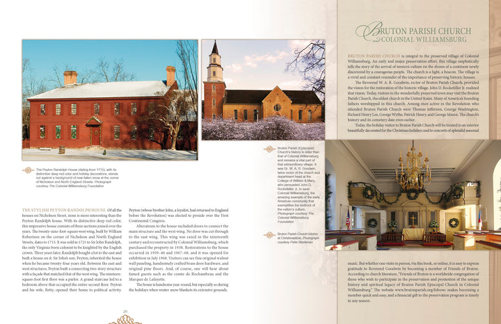 The brochure for "Christmas at America's Landmark Houses, 2nd Edition" by Schiffer Publishing, Ltd. features photos of Colonial Williamsburg’s grand buildings and decorated interiors, with details on Burton Parish Church and the Peyton Randolph House.