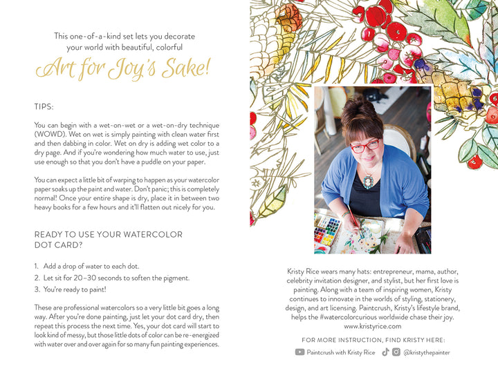 Schiffer Publishing, Ltd.’s Paint-Your-Own Holiday Decorations features watercolor floral borders, a photo of Kristy Rice painting, tips and activities—including a dot card and hand-painted ornament ideas—plus a short Kristy Rice bio.