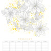 The February page from the Schiffer Publishing, Ltd. Paint-Your-Own Wall Calendar showcases a black and white floral and bird design with yellow splatters. Personalize your calendar—the blank grid at the bottom lets you fill in dates yourself.