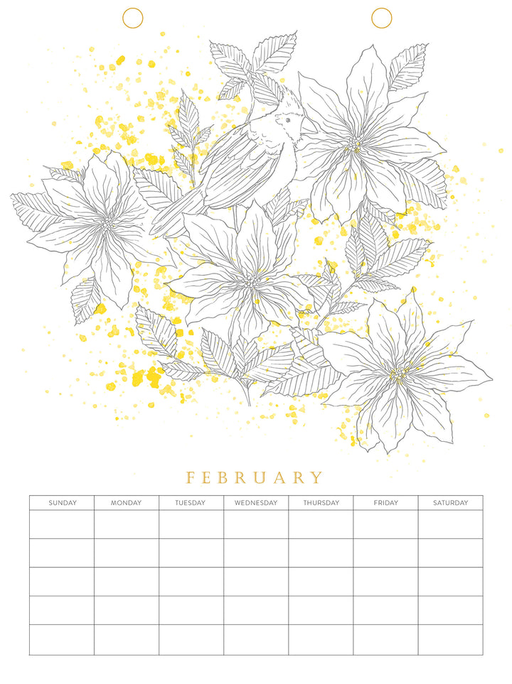 The February page from the Schiffer Publishing, Ltd. Paint-Your-Own Wall Calendar showcases a black and white floral and bird design with yellow splatters. Personalize your calendar—the blank grid at the bottom lets you fill in dates yourself.