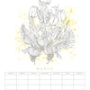 Line drawing of tulip flowers and bulbs with yellow splatter accents above a blank March grid. The Paint-Your-Own Wall Calendar by Schiffer Publishing, Ltd. lets you add your own artistry to each month.