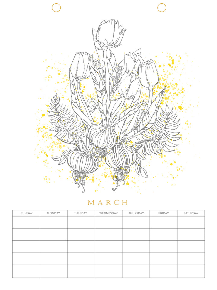 Line drawing of tulip flowers and bulbs with yellow splatter accents above a blank March grid. The Paint-Your-Own Wall Calendar by Schiffer Publishing, Ltd. lets you add your own artistry to each month.