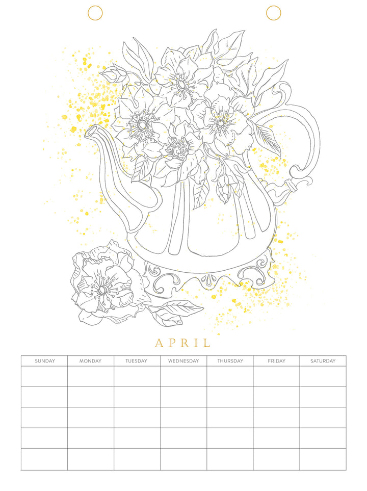 The Paint-Your-Own Wall Calendar by Schiffer Publishing, Ltd. features Kristy Rice’s April page: a teapot with blooming flowers and an extra blossom, light yellow watercolor accents, and a blank grid ready for your custom artwork at the bottom.