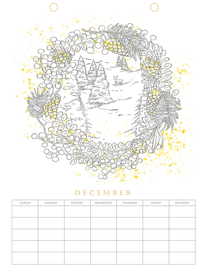 The Paint-Your-Own Wall Calendar by Schiffer Publishing, Ltd. features a hand-drawn December page with snowy landscape, pine trees, pinecones, berries in a wreath, yellow splatter accents, and a blank watercolor calendar grid—paint your own!.