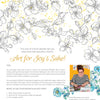 A page from the Paint-Your-Own Wall Calendar by Schiffer Publishing, Ltd. features black-and-white floral illustrations, gold paint splatters, and a photo of Kristy Rice at her desk, plus watercolor tips and an intro to the artist.