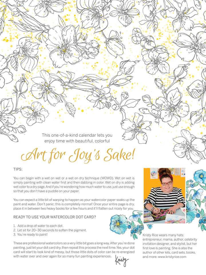 A page from the Paint-Your-Own Wall Calendar by Schiffer Publishing, Ltd. features black-and-white floral illustrations, gold paint splatters, and a photo of Kristy Rice at her desk, plus watercolor tips and an intro to the artist.