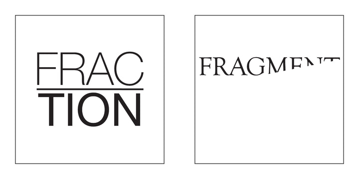 Two white boxes on Schiffer Publishing, Ltd.’s Words in Action feature creative type: left, ‘FRACTION’ split as FRAC above TION; right, ‘FRAGMENT’ with shattered middle letters—a bold highlight for typographic enthusiasts.