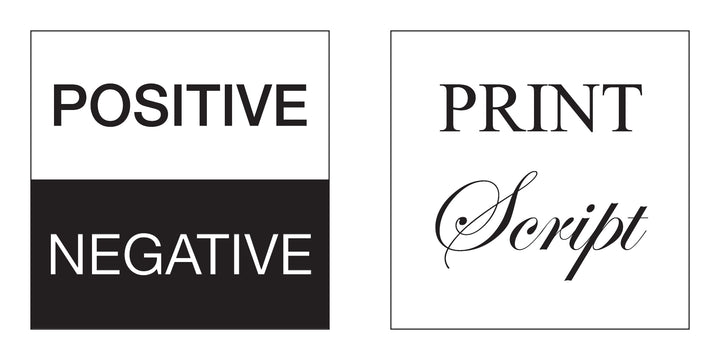 Words in Action by Schiffer Publishing, Ltd.: the left box shows POSITIVE on white and NEGATIVE on black; the right box displays PRINT in block letters and Script in cursive—an inspiring typographic resource.