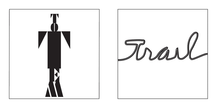 Words in Action by Schiffer Publishing, Ltd. features two black-and-white graphic designs: TOTEM, stacked vertically as a geometric human form, and Trail, a continuous cursive line—both striking pieces for any typography enthusiast.