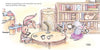 In Schiffer Publishing, Ltd.’s "Traveling Rose," three animals—a bunny in floral pajamas, a mouse, and a tutu-clad rhino—have a cozy tea party at a low table surrounded by books and toys.