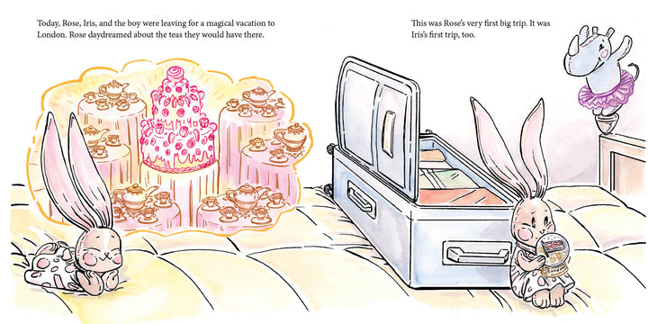 A bunny dreams of a whimsical tea party with cakes and teacups, while another stuffed rabbit sits by an open suitcase holding a cup. Above them, a plush rhino head decorates the wall. Inspired by "Traveling Rose" from Schiffer Publishing, Ltd.