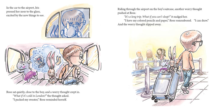 A girl excitedly looks out a car window with a stuffed rabbit, while at an airport, a boy with glasses pushes a suitcase topped with stuffed animals—charming scenes from "Traveling Rose" by Schiffer Publishing, Ltd.