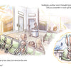 A girl waits in an airport, watching planes through big windows. Other passengers are nearby. In a thought bubble, her stuffed rabbit sits anxiously—mirroring the worries in "Traveling Rose" by Schiffer Publishing, Ltd.