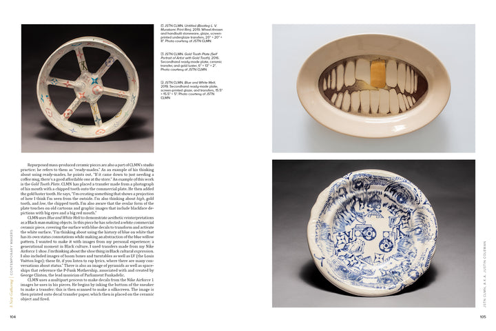 Three ceramic plates appear: a white wheel-shaped plate, an oval dish with beige accents, and a blue landscape plate—highlighting the talent featured in "Contemporary Black American Ceramic Artists" by Schiffer Publishing, Ltd.